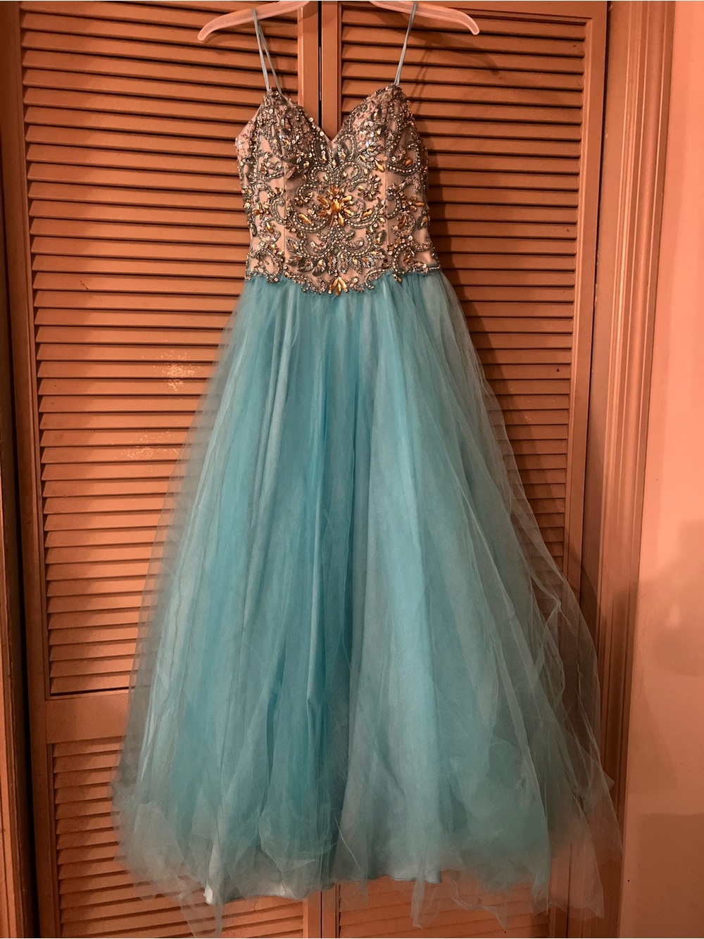 Terani Couture Teal and Gold Beaded Tulle Kids Dress